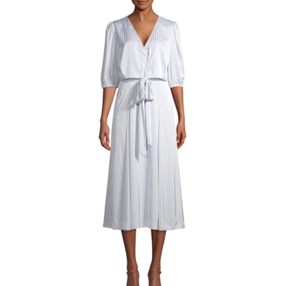 NWT Prospect The Label Tie Front Midi Dress Small Sky Blue/White Stripe